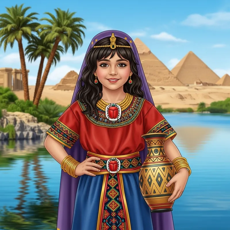 Beautiful Egyptian Girl in Traditional Attire with Scarab Necklace