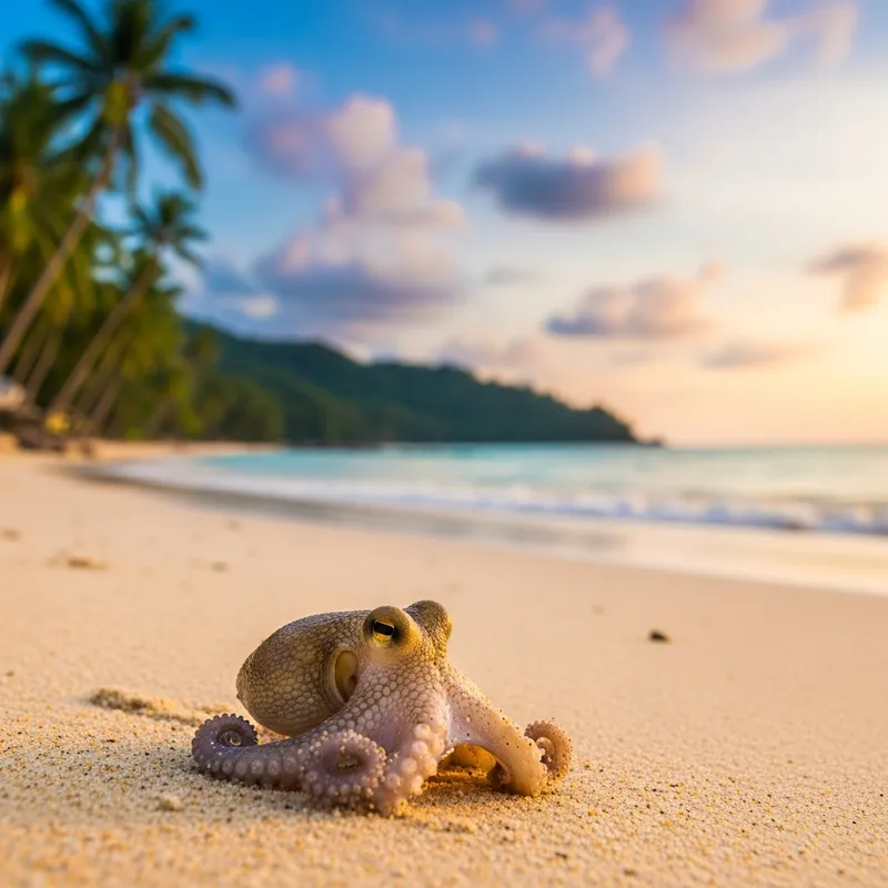 Baby Octopus on Phuket Beach at Sunset