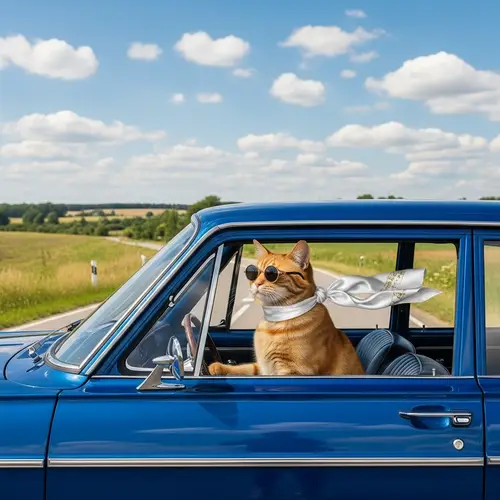 Vintage Cat Driving Classic Car with Whimsical Style
