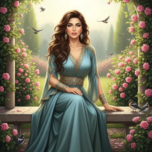 Elegant Middle-Eastern Woman in Blossoming Garden