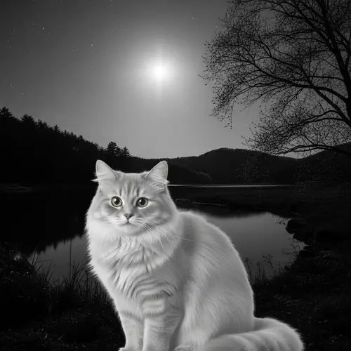 Ghostly Fluffy Grey Cat by Serene Moonlit River | Japanese Art Inspiration