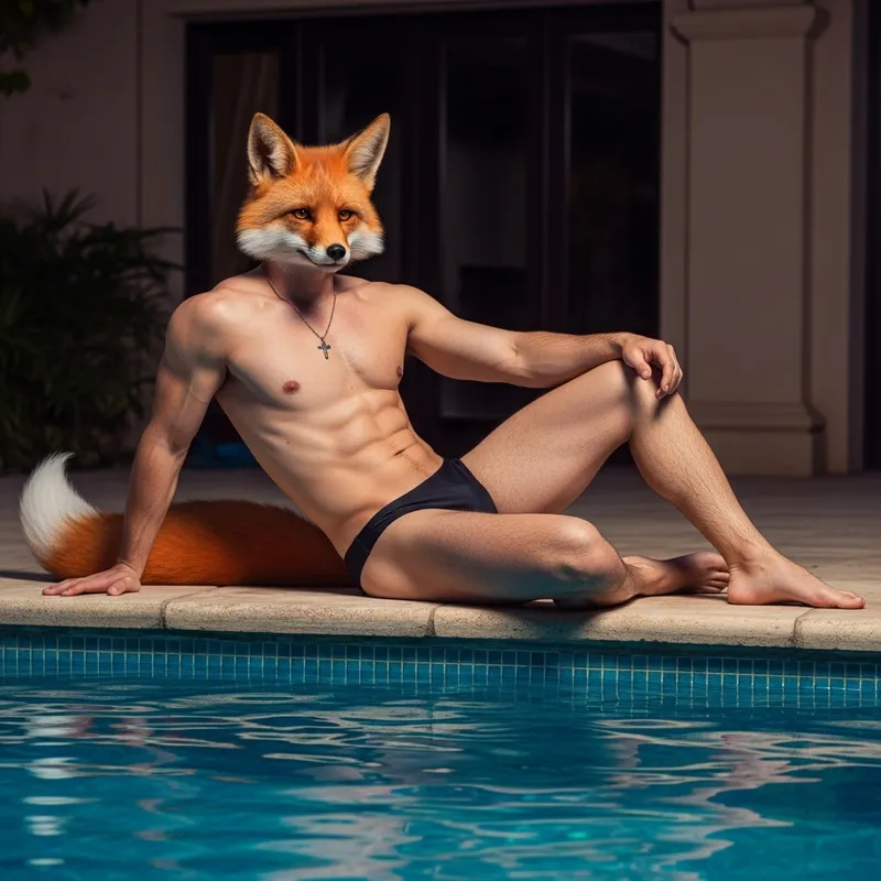 Fantasy Male Fox Demi-Human Poolside Fashion Photography