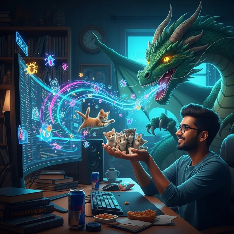 Programmer Feeding Dragon with Kittens and Bugs