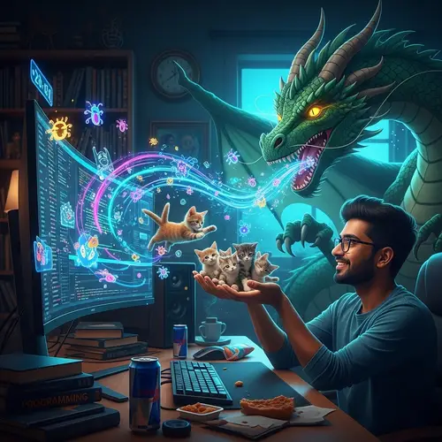 South Asian Programmer Feeding Mythical Dragon with Kittens & Virtual Bugs