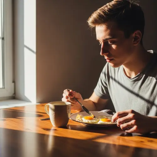 Youthful European Male Having Breakfast with Fried Eggs and Tea