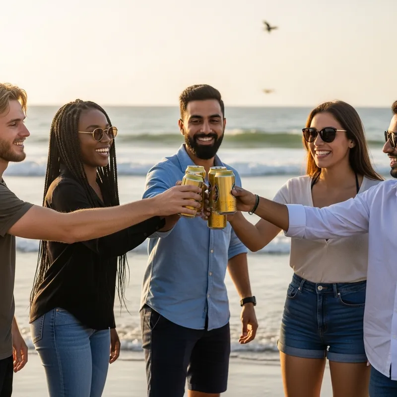 Friends Cheers with Beer Cans on Beach