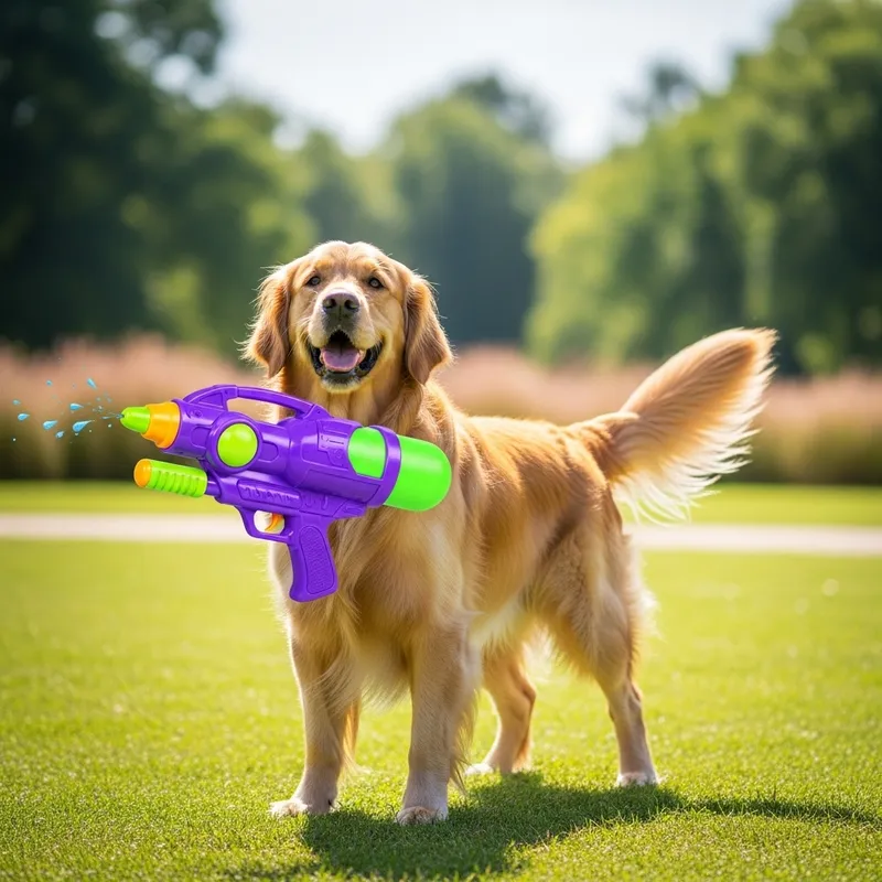 Happy Golden Retriever Playing with Colorful Water Gun