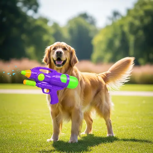 Playful Golden Retriever Dog with Cartoon Water Gun