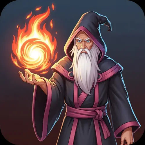 Vibrant Fire Wizard Icon in Orange, White, Grey, Black & Pink