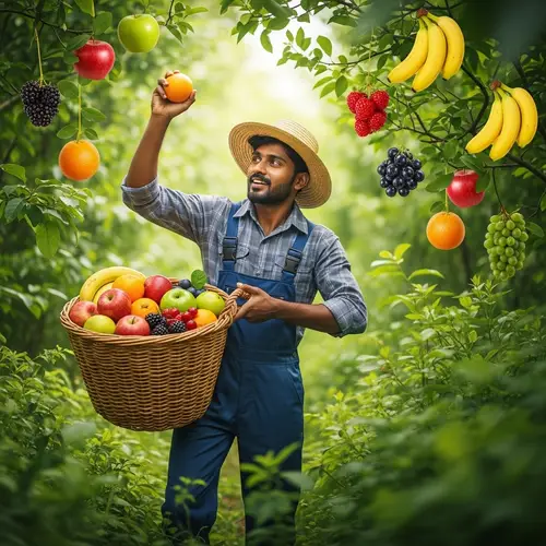 Fruit Gatherer in a Lush South Asian Forest