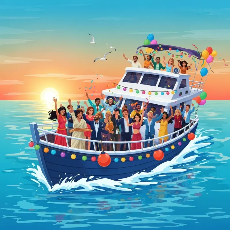 Vibrant Party Boat Celebration in the Colorful Seas