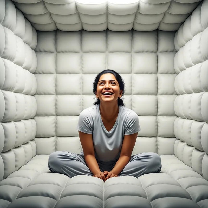 Joyful Escape: Woman Laughing in a Padded Room Joyful Escape: Woman Laughing in a Padded Room