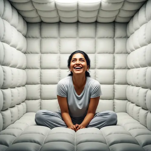 Joyful Escape: Woman Laughing in a Padded Room