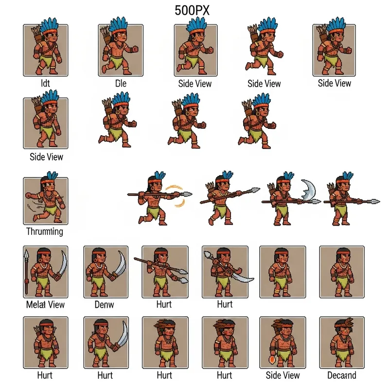 Brazilian Indigenous Warrior Pixel Art Sprite Sheet - Cartoon Character Design