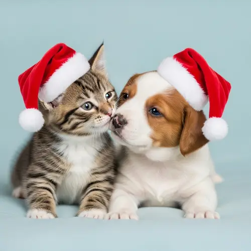 Tender Kitten and Puppy in Christmas Hats | Pet Holiday Cheer