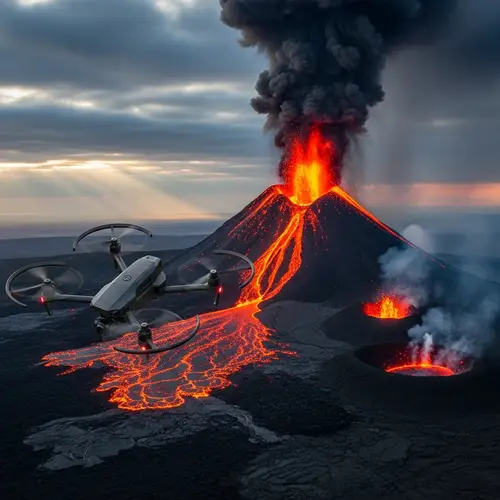 Drone Flying Near Erupting Volcano