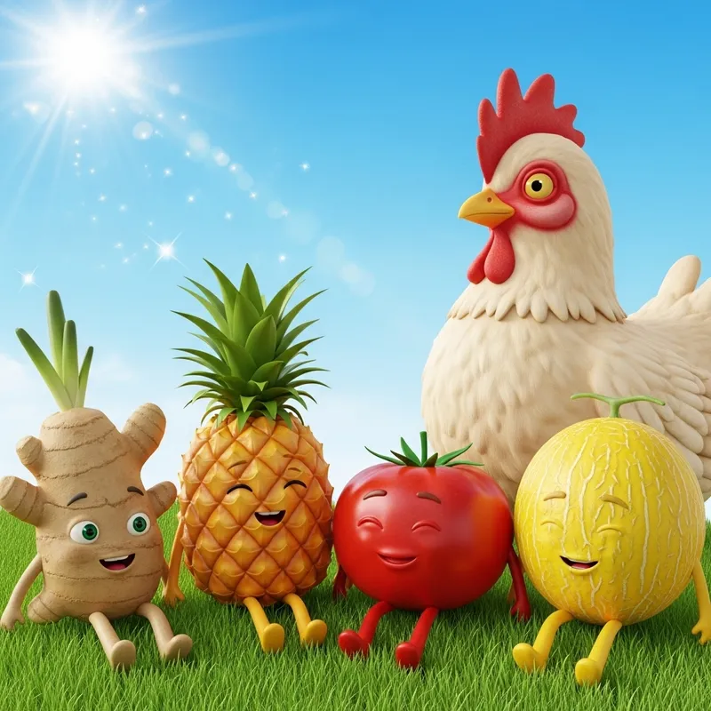 Cartoon Fruits and Veggies on Sunny Grass