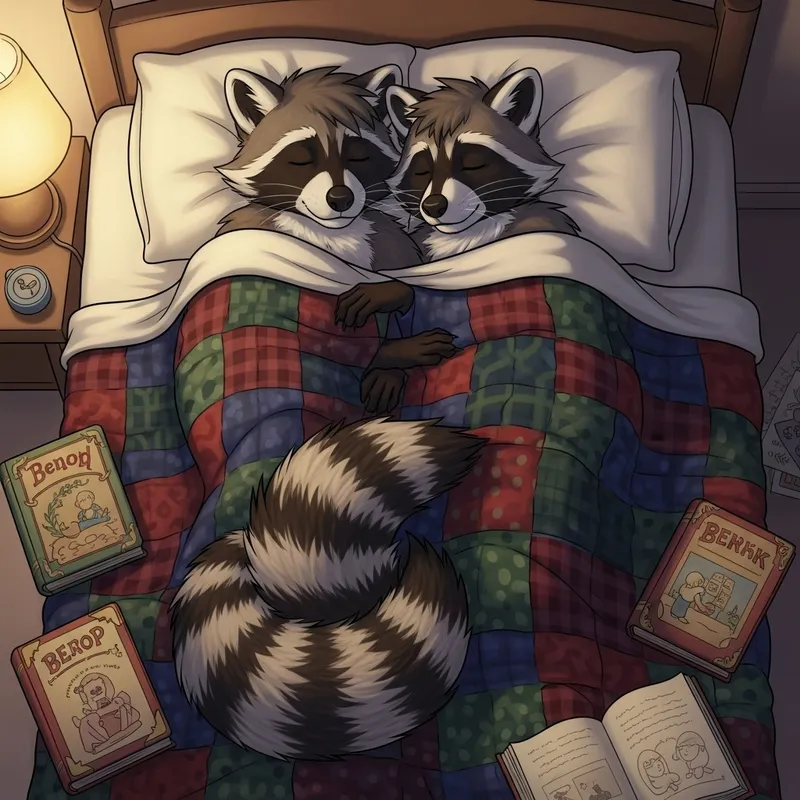 Sweet Moment of Two Male Raccoons Cuddling in Cozy Bed