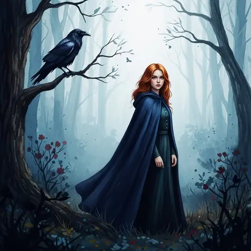 Fiery Red-Haired Girl in Enigmatic Forest | Gothic Watercolor Art