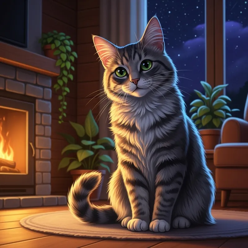 Enchanting Grey Domestic Cat Sitting in Cozy Living Room