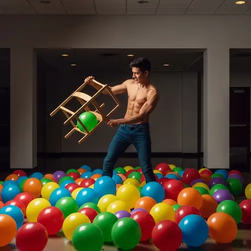 Colorful Balloons Display: Shirtless Hispanic Man on Chair