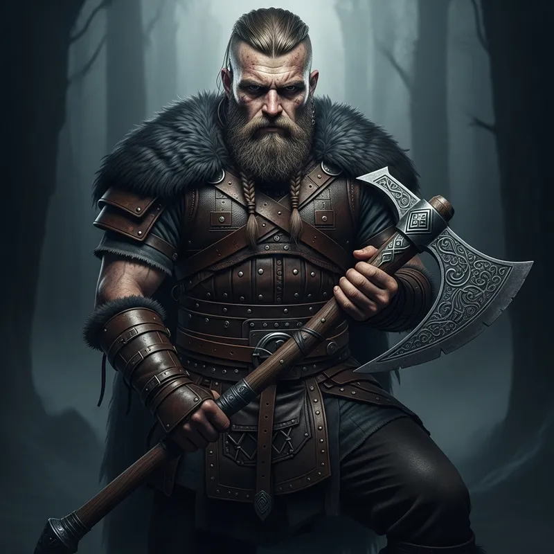 Bearded Viking Barbarian in Leather Armor with Greataxe Bearded Viking Barbarian in Leather Armor with Greataxe