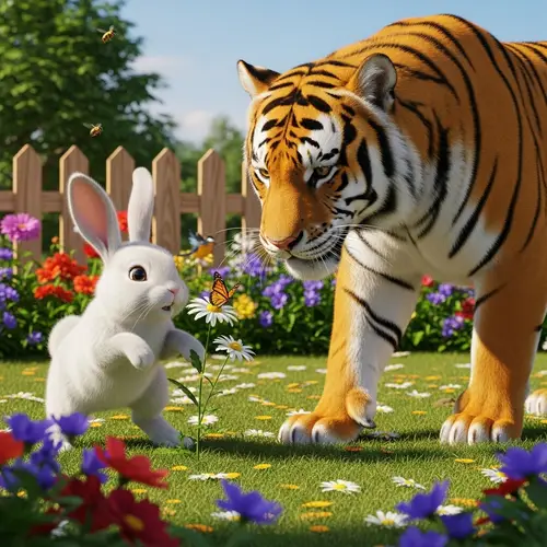 Bunny and Tiger Playful Garden Exploration