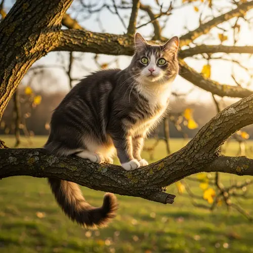 Tranquil Scene: Grey and White Cat on Tree Branch | Autumn Landscape