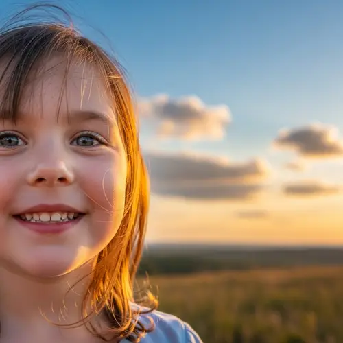 Young Girl's Joyful Expression in Nature | Bright Sky Scene