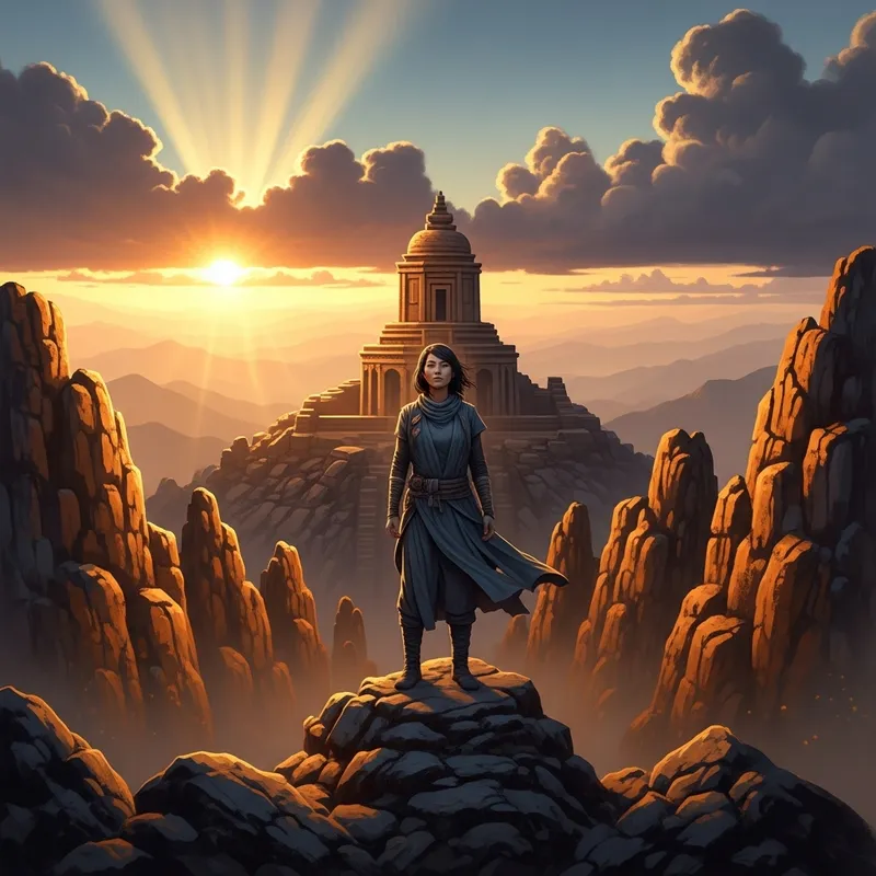 Calmness and Stoic Wisdom: Sunset Scene on Mountain Peak | Tranquil Beauty