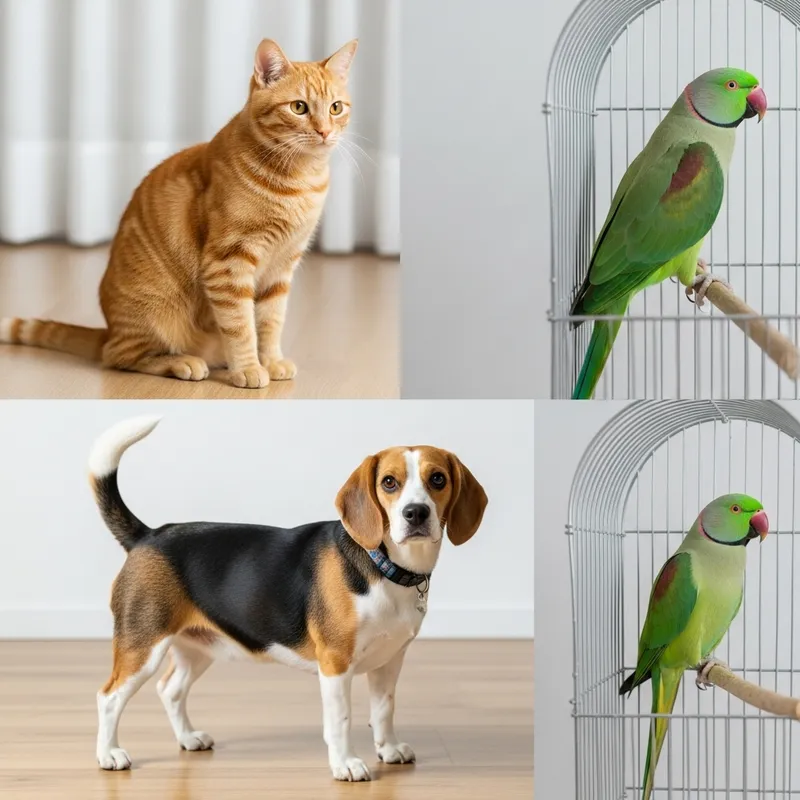 Tranquil & Serene Indoor Scene with Cat, Dog & Parrot