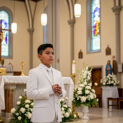 Hispanic Boy First Communion at Catholic Church
