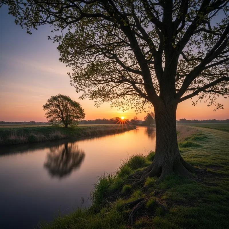 Stoic Scenery Depicting Resilient Oak Tree | Symbolic Sunrise