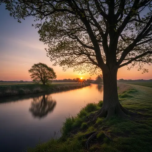 Tranquil Landscape with Resilient Oak Tree | Sunrise Symbolism