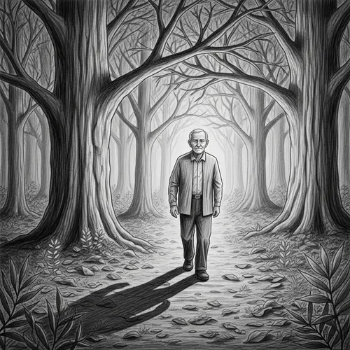 Ethereal Forest Walk: Graphite Pencil Illustration of Solitary Elderly Man