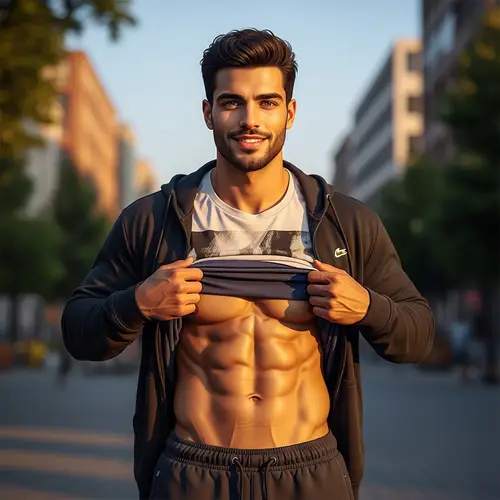 Handsome Middle Eastern Young Man with Well-Toned Abs in Athletic Wear
