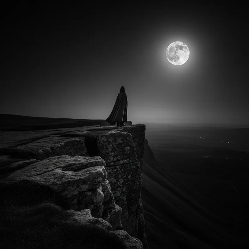 Mysterious Cloaked Figure at Moonlit Cliff | Ethereal Fantasy Shot