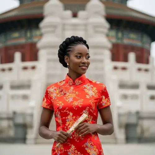 Elegant Dark-Skinned Woman in Red Silk Chinese Dress