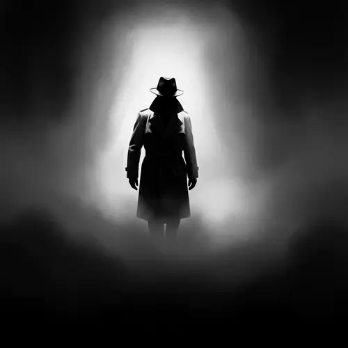Mysterious Figure Emerging from Dense Fog | Noir Thriller Art