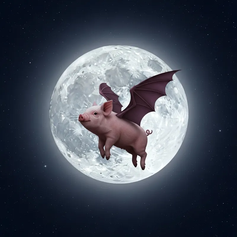 Flying Pig in Moonlight - Enchanting Nighttime Scene with Soaring Piglet Flying Pig in Moonlight - Enchanting Nighttime Scene with Soaring Piglet