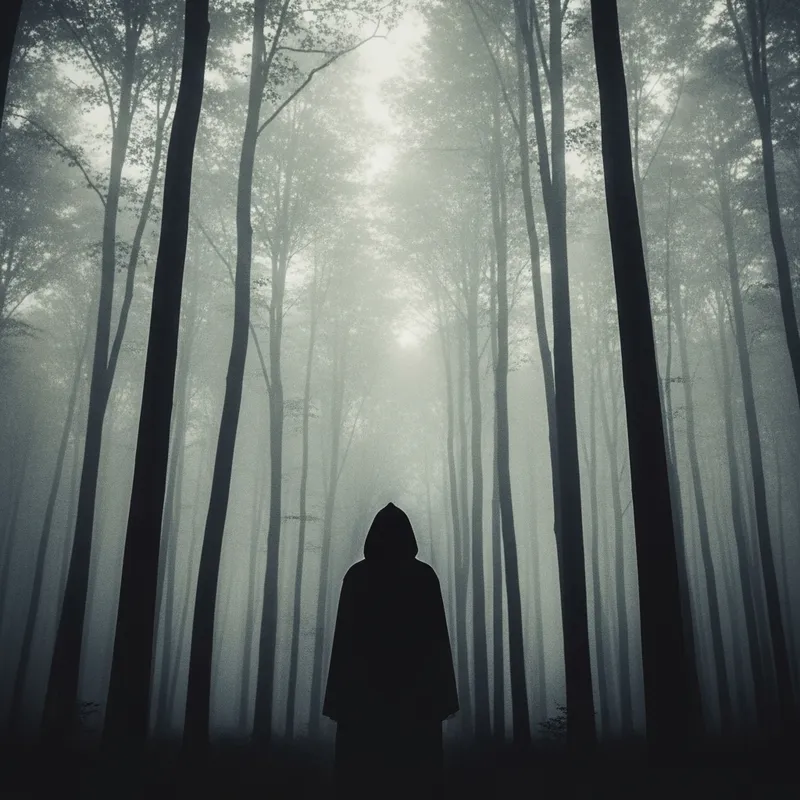 Eerie Monochromatic Scene: Mysterious Figure in Foggy Forest