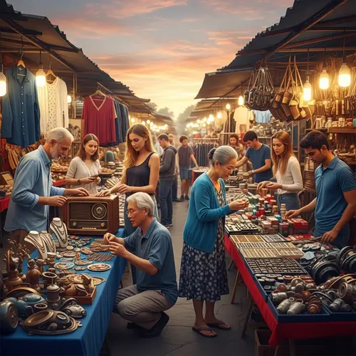 Vibrant Aftermarket Scene with Diverse Products and Shoppers