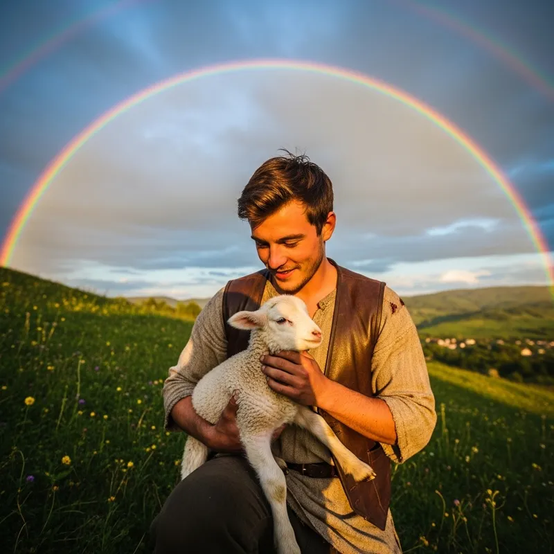 Sheep in Shepherd's Arms Under Rainbow