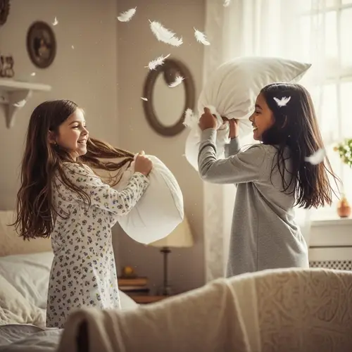 Playful Pillow Fight in Cozy Bedroom | Nostalgic Childhood Moment
