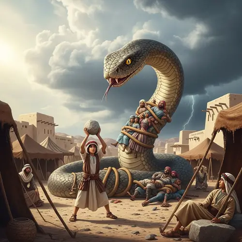 Pre-Islamic Arabian Era: Young Boy Defends Captive People from Giant Snake
