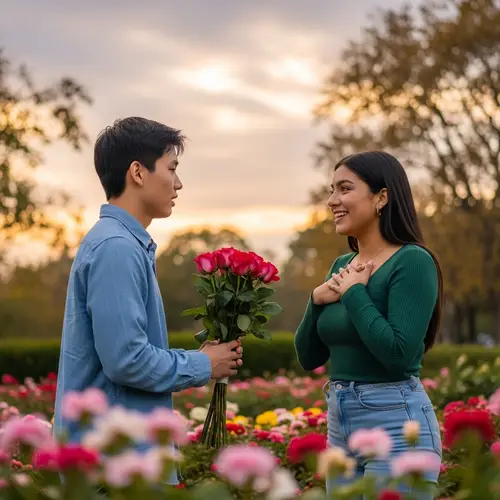 Romantic Scene: Young Asian Man Professing Love to Hispanic Woman