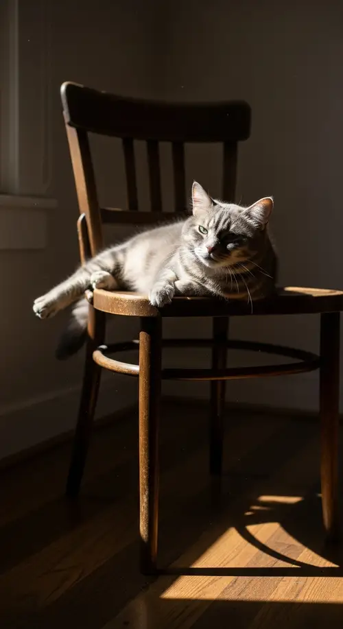 Tranquil Cat on Wooden Chair - Peaceful Sunlit Scene