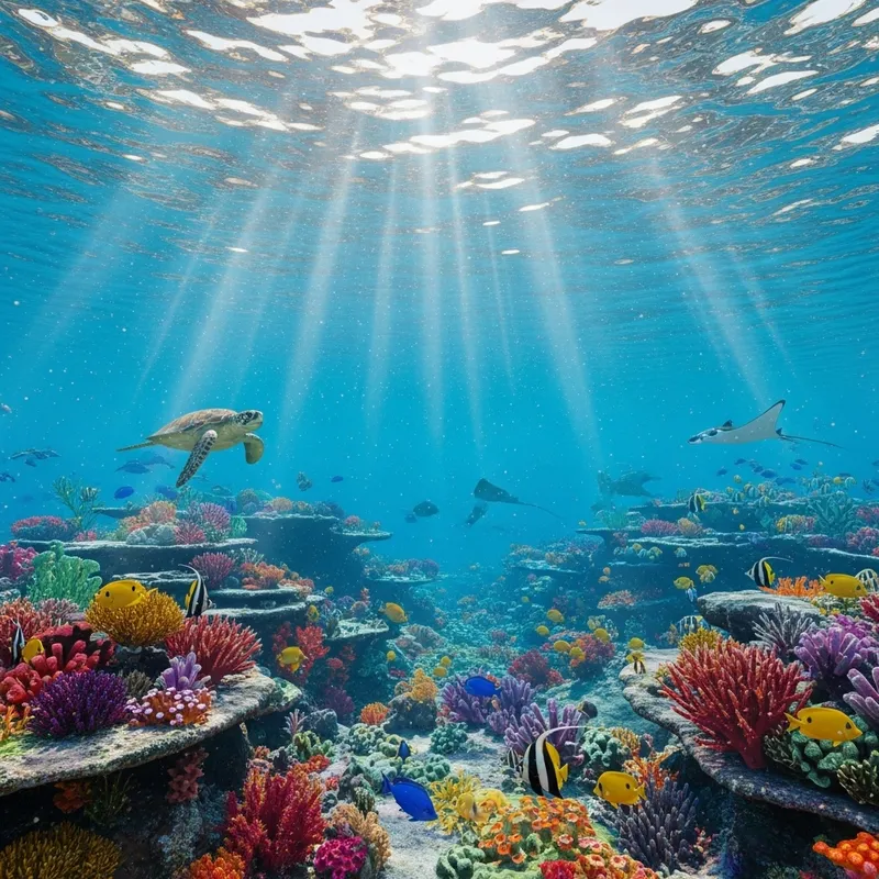 Underwater 3D: Marine Life and Corals in Sunlit Seafloor