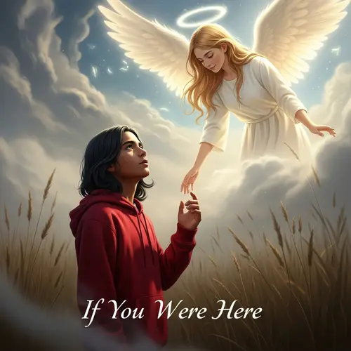 Hispanic Boy in Red Sweatshirt Looking Up with Angelic Girl in the Sky