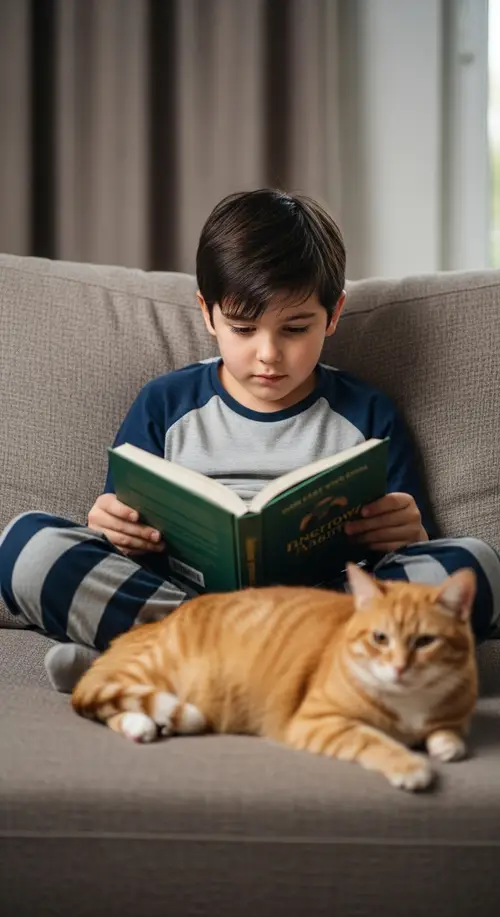 Attractive 8-Year-Old Boy Reading Book with Ginger Cat - Realistic Home Scene